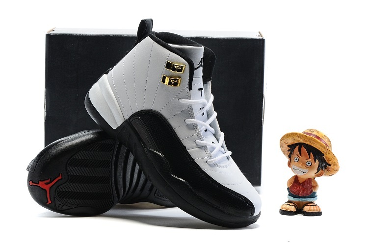 New Kids Air Jordan 12 Taxi White Black Gold Shoes