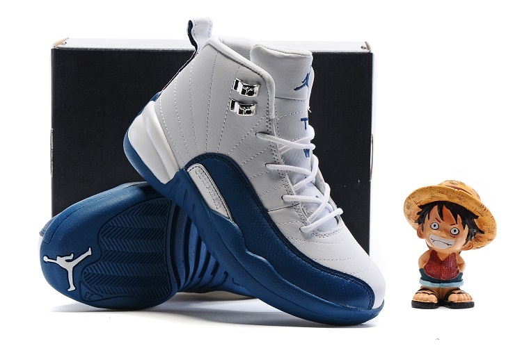 New Kids Air Jordan 12 White French Blue Shoes - Click Image to Close