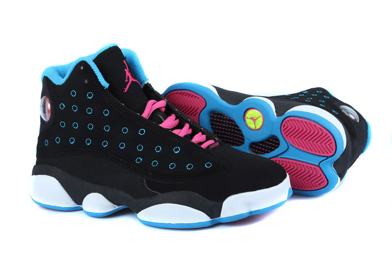 Women's Nike Jordan 13 GS Shoes Black Blue Pink White - Click Image to Close