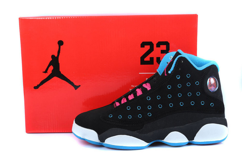 Women's Nike Jordan 13 GS Shoes Black Blue Pink White - Click Image to Close