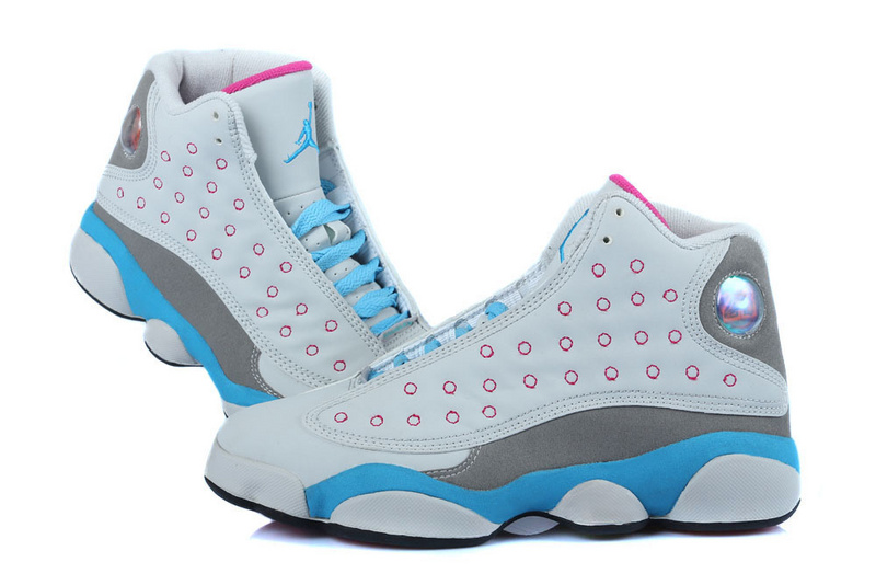 Women's Nike Jordan 13 GS Shoes White Grey Blue - Click Image to Close