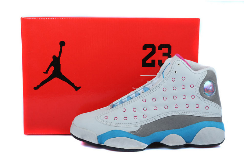 Women's Nike Jordan 13 GS Shoes White Grey Blue - Click Image to Close