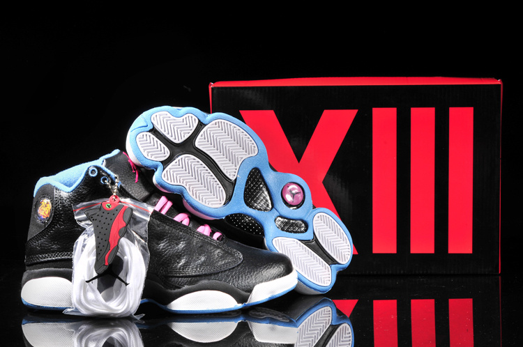 Women's Nike Jordan 13 Shoes Black Pink White Blue - Click Image to Close