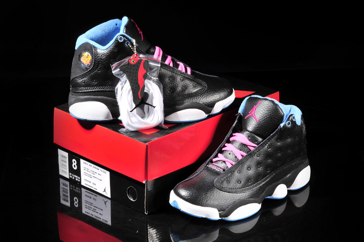 Women's Nike Jordan 13 Shoes Black Pink White Blue - Click Image to Close