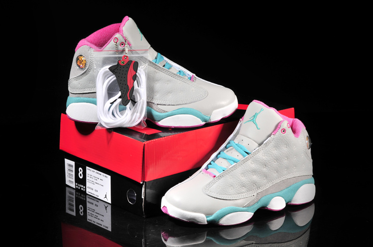 Women's Nike Jordan 13 Shoes Grey Blue Pink White