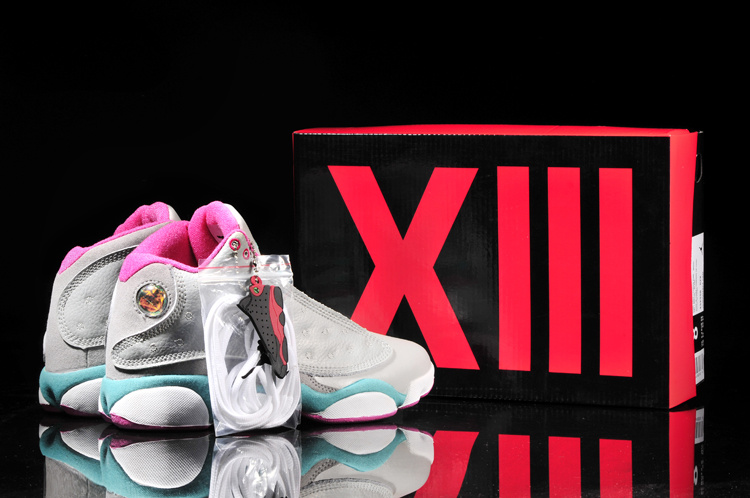 Women's Nike Jordan 13 Shoes Grey Blue Pink White - Click Image to Close