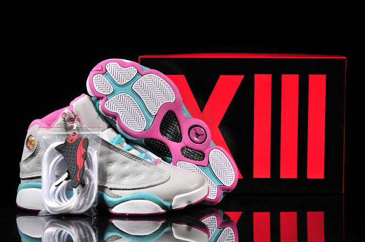 Women's Nike Jordan 13 Shoes Grey Blue Pink White - Click Image to Close