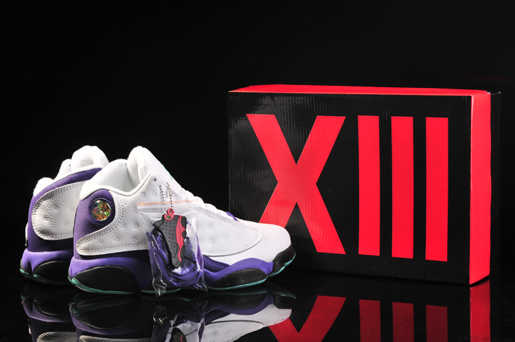 Women's Nike Jordan 13 Shoes Grey White Purple Black - Click Image to Close