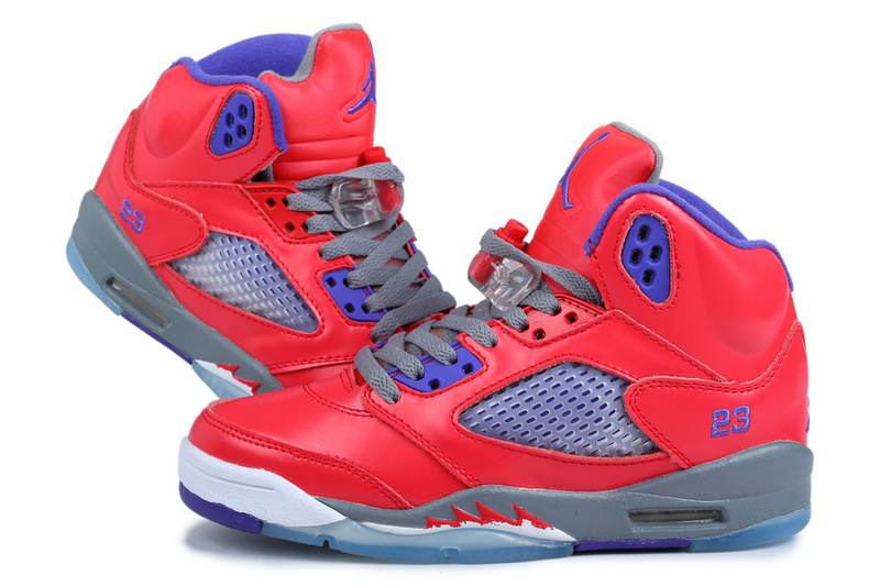 Women's Nike Jordan 5 Pearl Powder Red Grey Blue Shoes - Click Image to Close