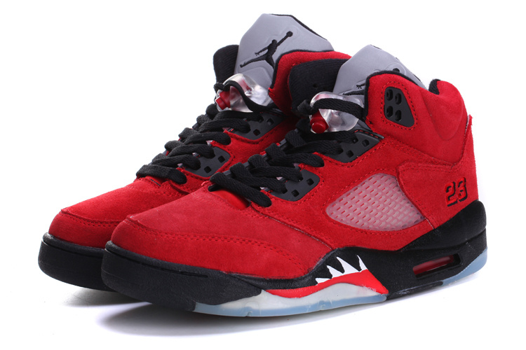 Women's Nike Jordan 5 Suede Red Black Shoes - Click Image to Close