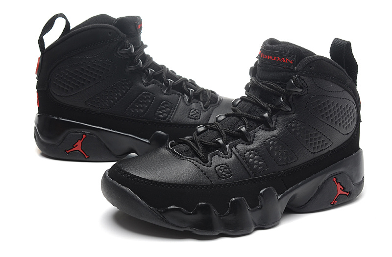 Women's Nike Jordan 9 All Black Red Shoes