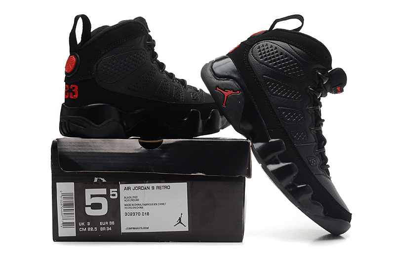 Women's Nike Jordan 9 All Black Red Shoes