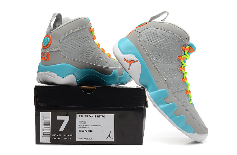 Women's Nike Jordan 9 Grey Blue Yellow Orange Shoes