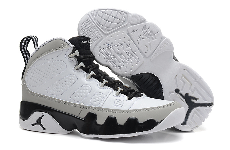 Women's Nike Jordan 9 White Grey Black Shoes - Click Image to Close