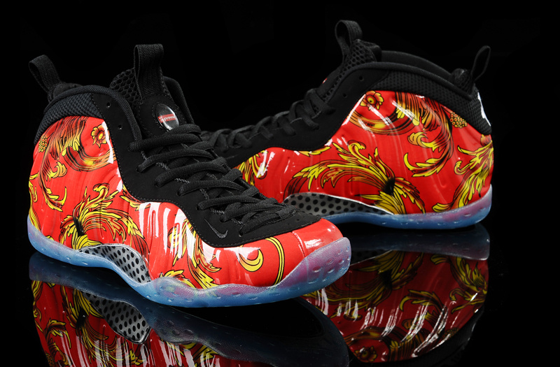 Nike Air Foamposite One Black Red Yellow Flower Print Shoes - Click Image to Close