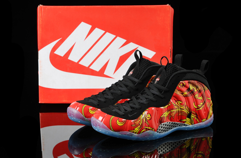 Nike Air Foamposite One Black Red Yellow Flower Print Shoes - Click Image to Close