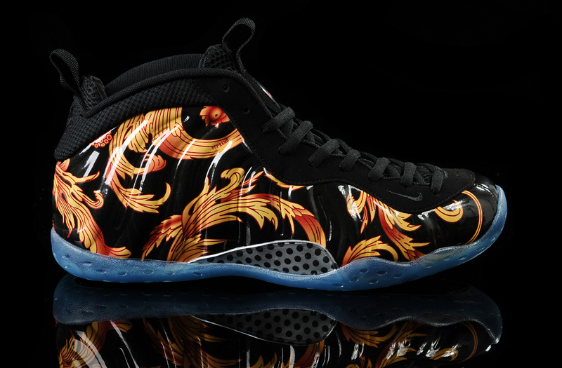 Nike Air Foamposite One Black Yellow Flower Print Shoes - Click Image to Close