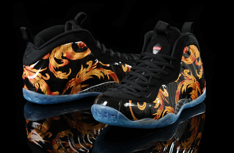 Nike Air Foamposite One Black Yellow Flower Print Shoes - Click Image to Close