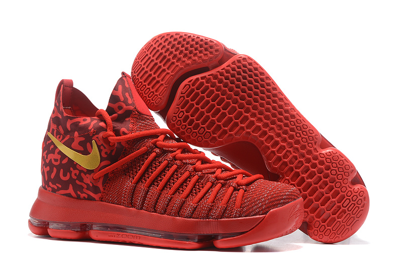 Nike KD 9 Elite All Red Gold Shoes - Click Image to Close