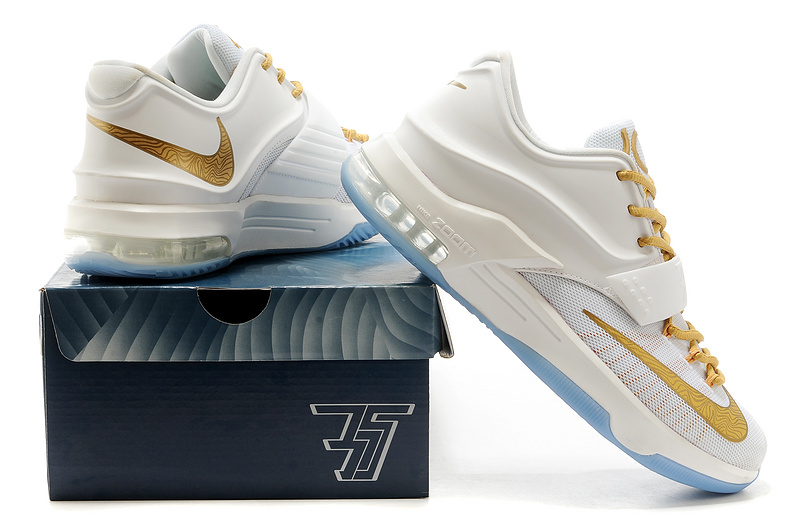 Nike Kevin Durant 7 White Gold Baby Blue Basketball Shoes - Click Image to Close