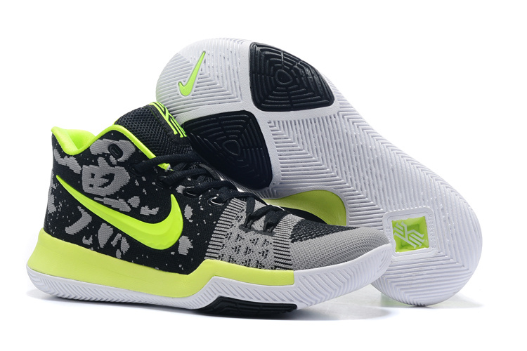 Nike Kyrie 3 Flyknit Black Grey Fluorscent Green Shoes - Click Image to Close