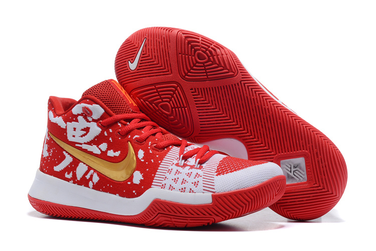 Nike Kyrie 3 Flyknit Red White Gold Shoes - Click Image to Close