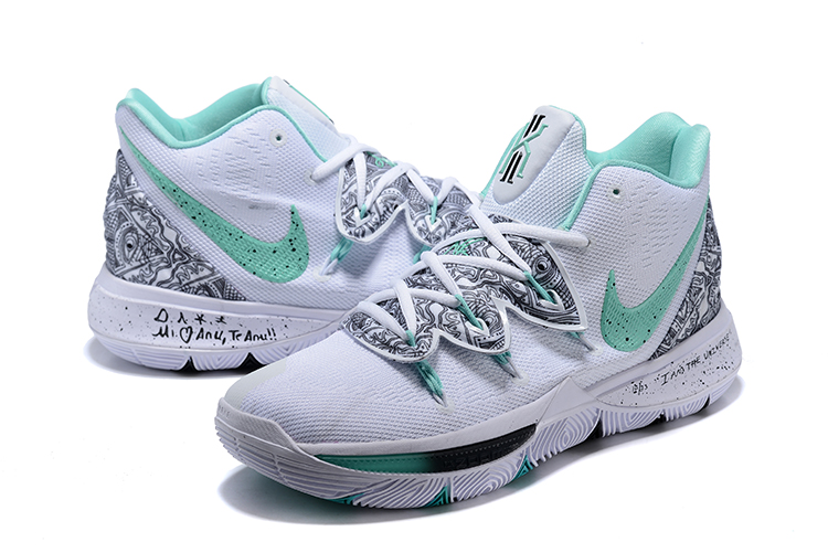 Nike Kyrie 5 White Grey Green Swoosh Shoes