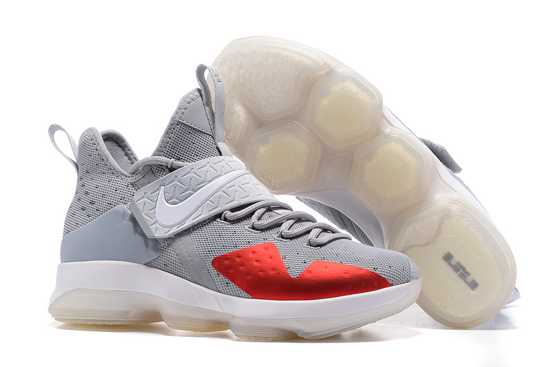 Nike LeBron 14 Wolf Grey Red Shoes - Click Image to Close