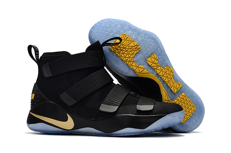 Nike LeBron Soldier 11 All Black Gold Shoes - Click Image to Close