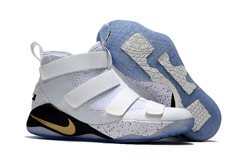 Nike LeBron Soldier 11 White Black Gold Shoes - Click Image to Close