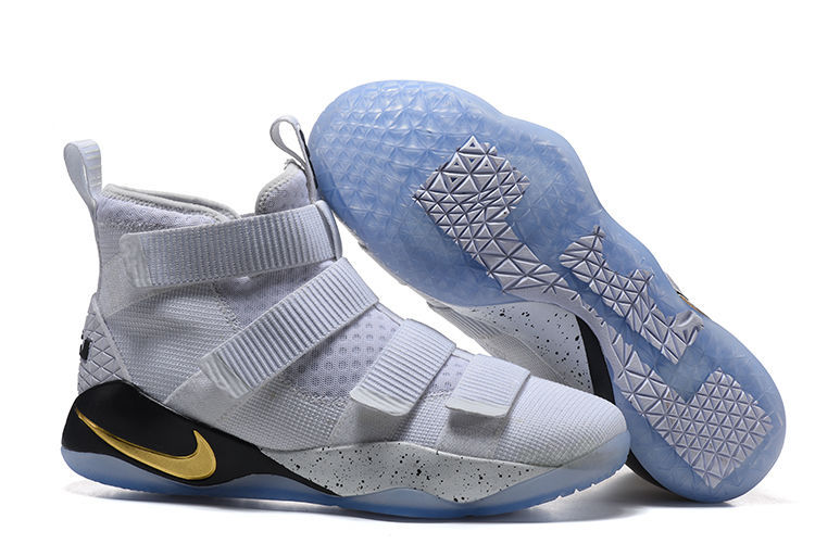 Nike LeBron Soldier 11 White Grey Gold Shoes - Click Image to Close