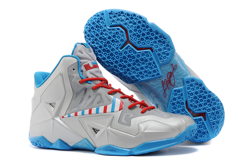 Latest Nike Lebron James 11 Shoes Grey Silver Red - Click Image to Close