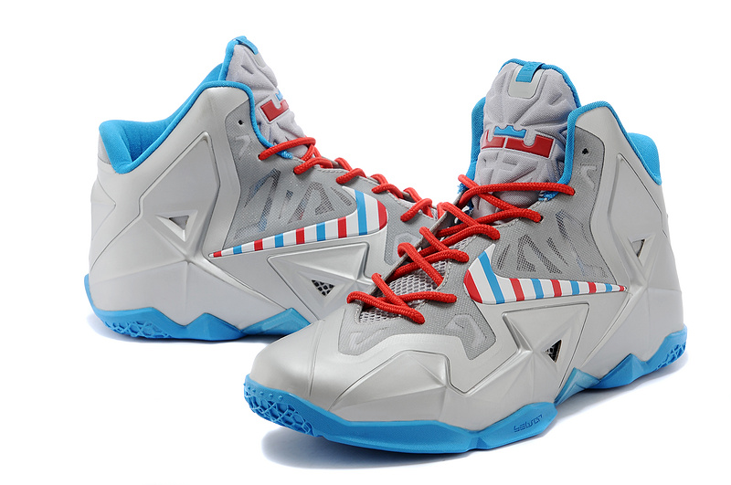 Latest Nike Lebron James 11 Shoes Grey Silver Red - Click Image to Close