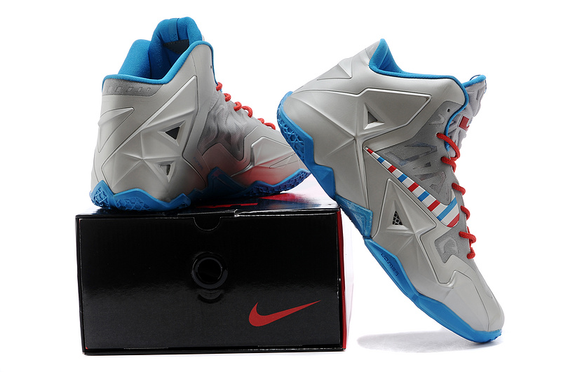 Latest Nike Lebron James 11 Shoes Grey Silver Red - Click Image to Close