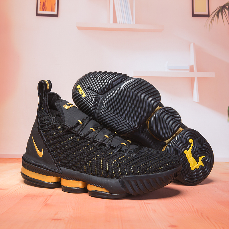 Nike Lebron 16 Black Gloden Swoosh Basketball Shoes - Click Image to Close