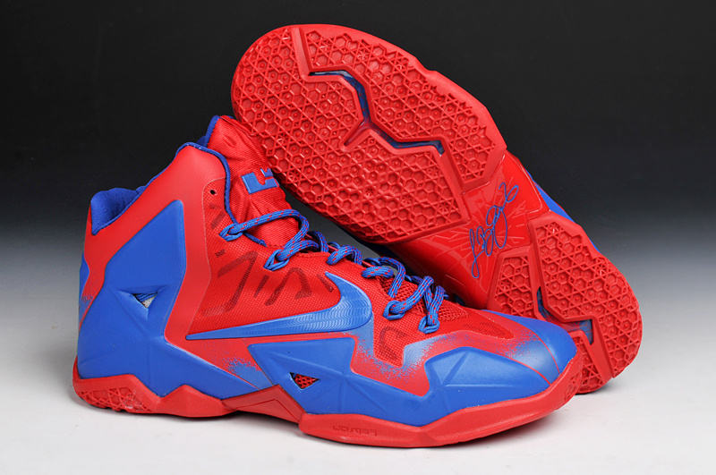 red and blue basketball shoes