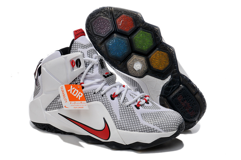 Nike Lebron James 12 White Grey Red Basketball Shoes - Click Image to Close