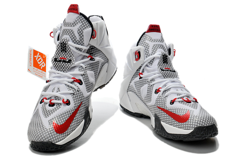 Nike Lebron James 12 White Grey Red Basketball Shoes - Click Image to Close