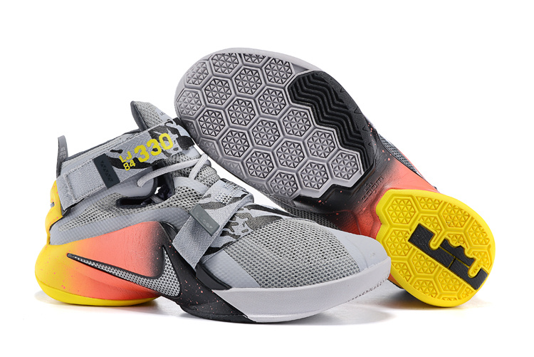 Nike Lebron James 9 Soldier Grey Black Red Yellow Shoes - Click Image to Close