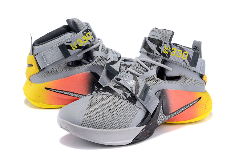 Nike Lebron James 9 Soldier Grey Black Red Yellow Shoes - Click Image to Close