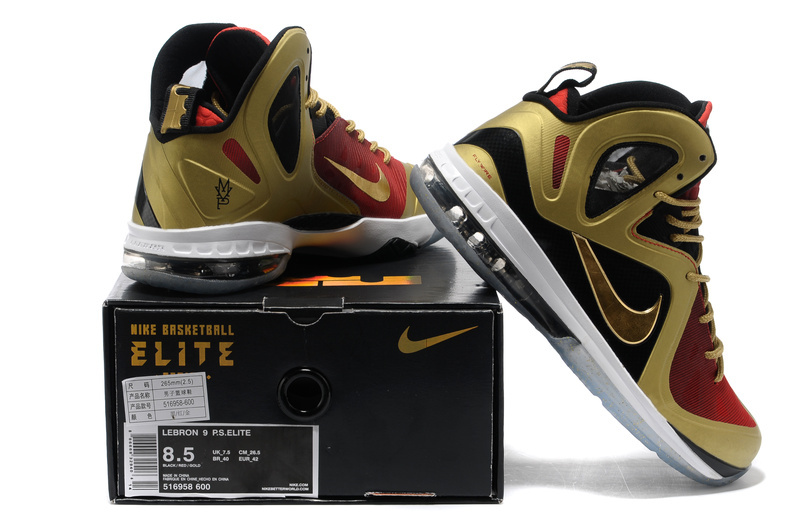 Nike Lebron James 9.5 Shoes Black Red Gold - Click Image to Close
