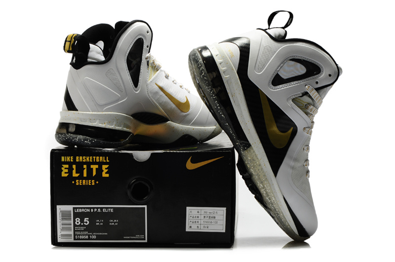 Nike Lebron James 9.5 White Black Gold Shoes - Click Image to Close