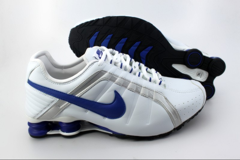 Nike Shox R4 White Silver Shoes With Big Blue Nike Swoosh