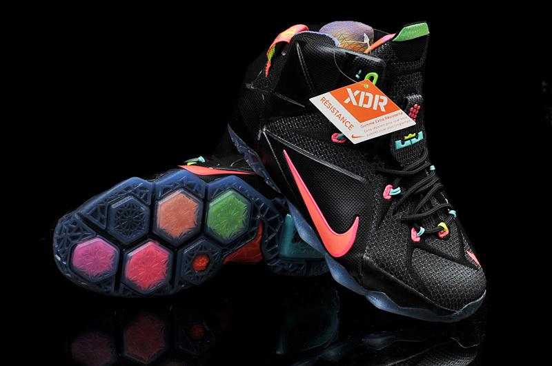 Nike Women's Lebron James 12 Black Red Green Shoes - Click Image to Close