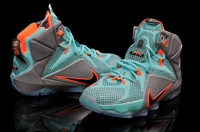 Nike Women's Lebron James 12 Green Grey Orange Shoes - Click Image to Close