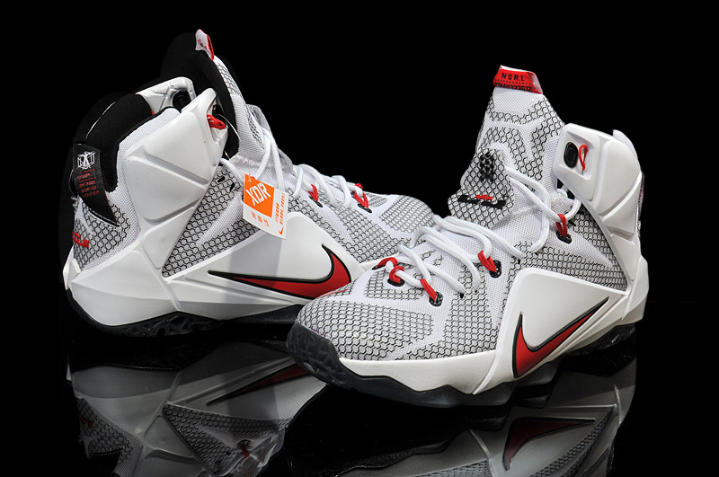 Nike Women's Lebron James 12 White Grey Red Shoes - Click Image to Close