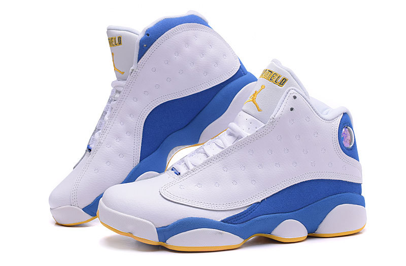 2015 Nike Air Jordan 13 Nugget Carmelo White Blue Yellow Shoes - Click Image to Close