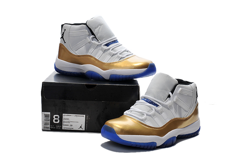 Nike New Air Jordan 11 White Gold Blue Sole Shoes - Click Image to Close