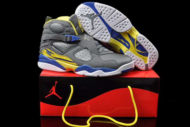 Real Nike Jordan 8 Hardpack Grey Blue Yellow Shoes - Click Image to Close