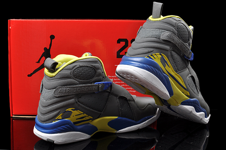 Real Nike Jordan 8 Hardpack Grey Blue Yellow Shoes - Click Image to Close